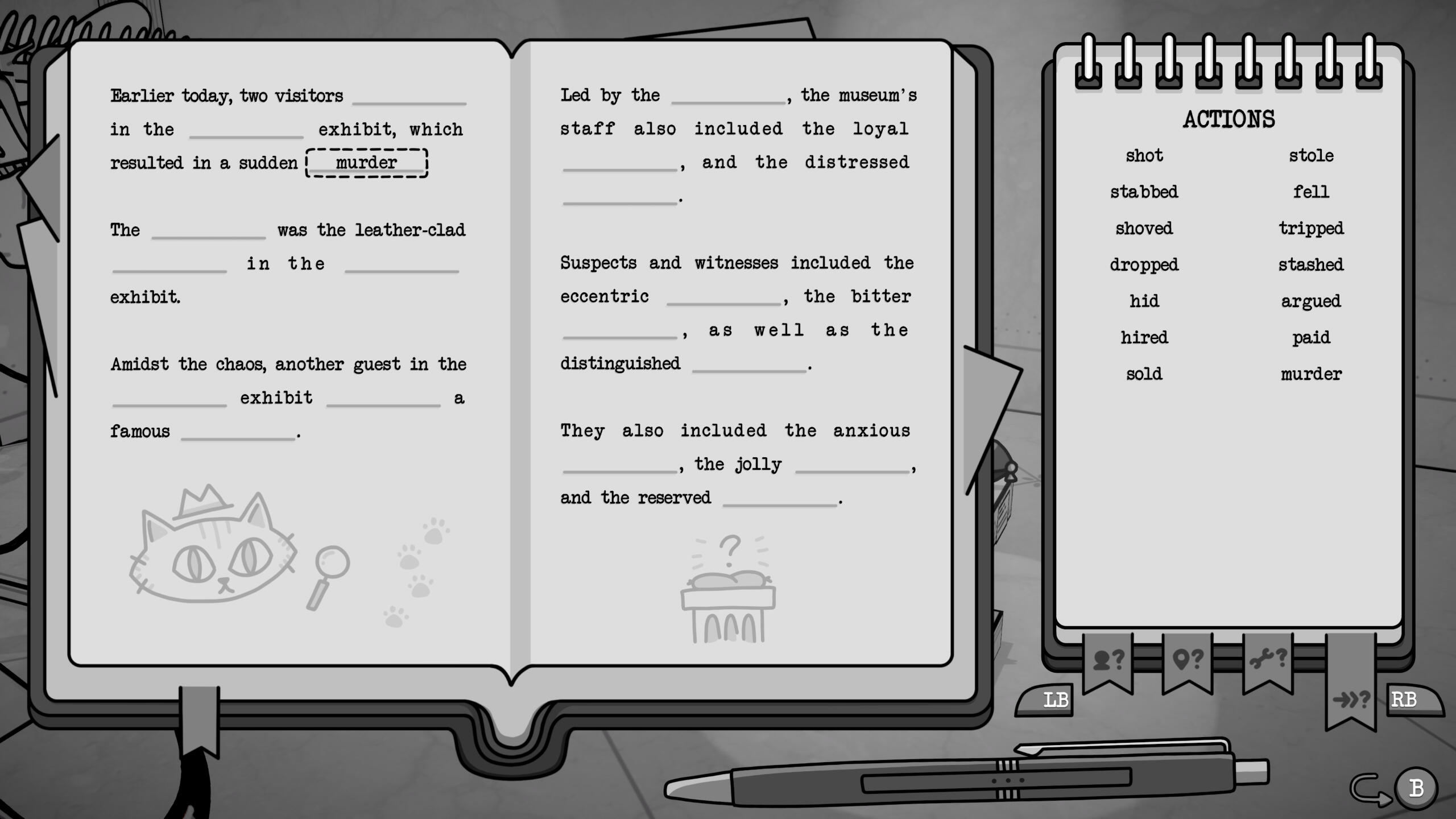 Screenshot showcasing the fill-in-the-blank puzzle system